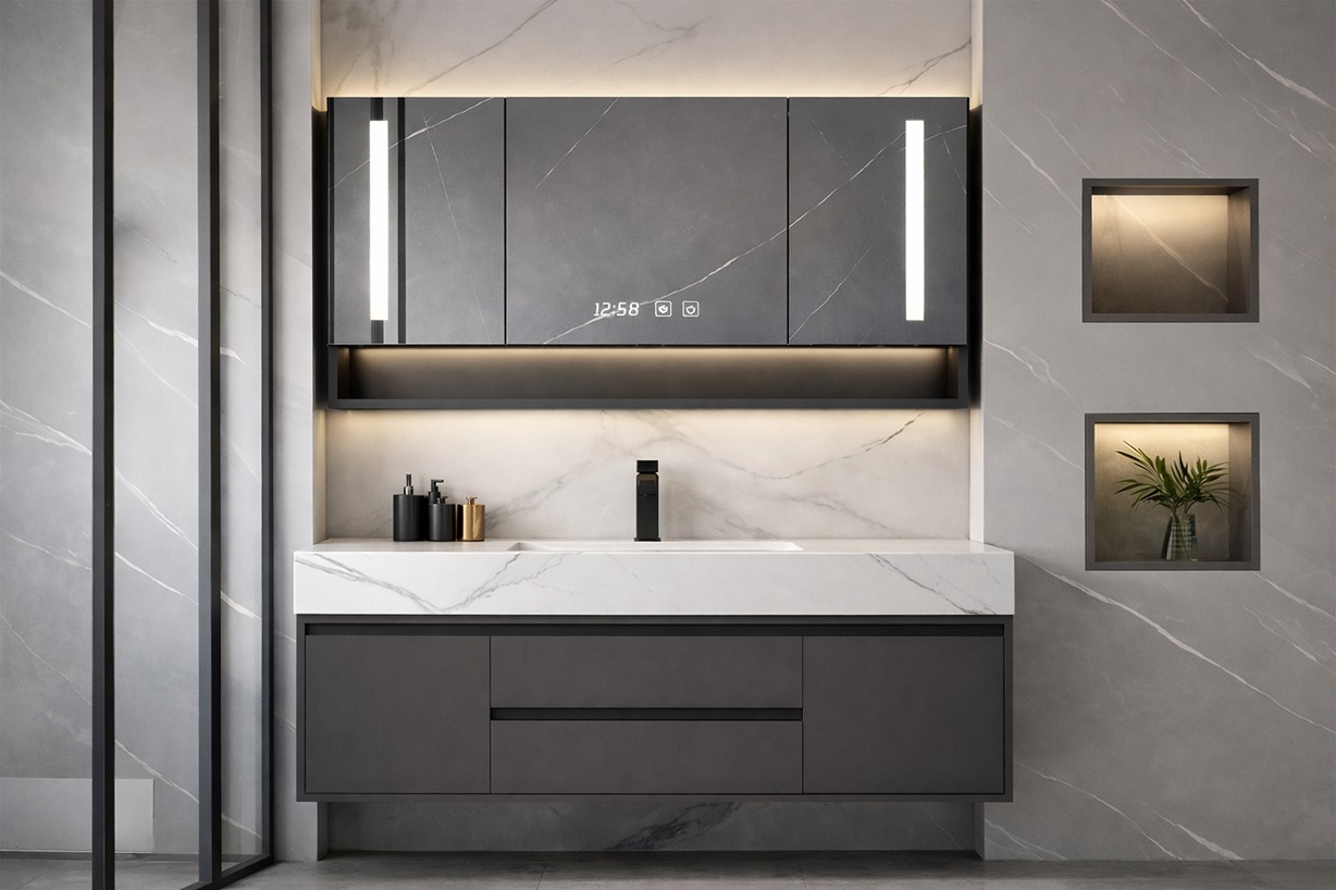 Fontana Luxury Wall Mounted New Slate Integrated Bathroom Vanity Cabinet with Smart Mirror (FS-BVC-H03)